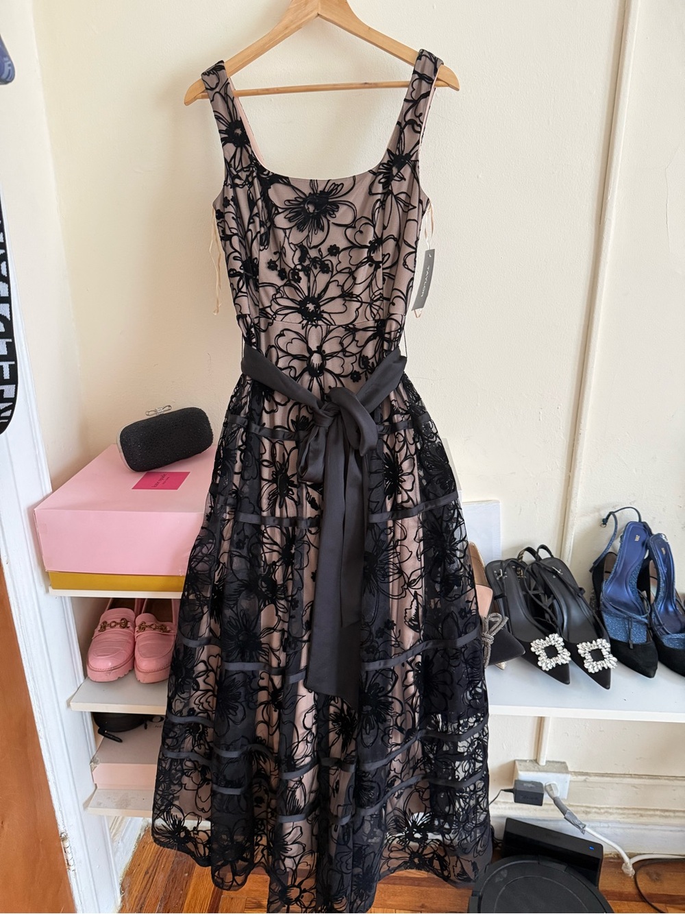 Taylor Black Lace Overlay Dress with Nude Underlay